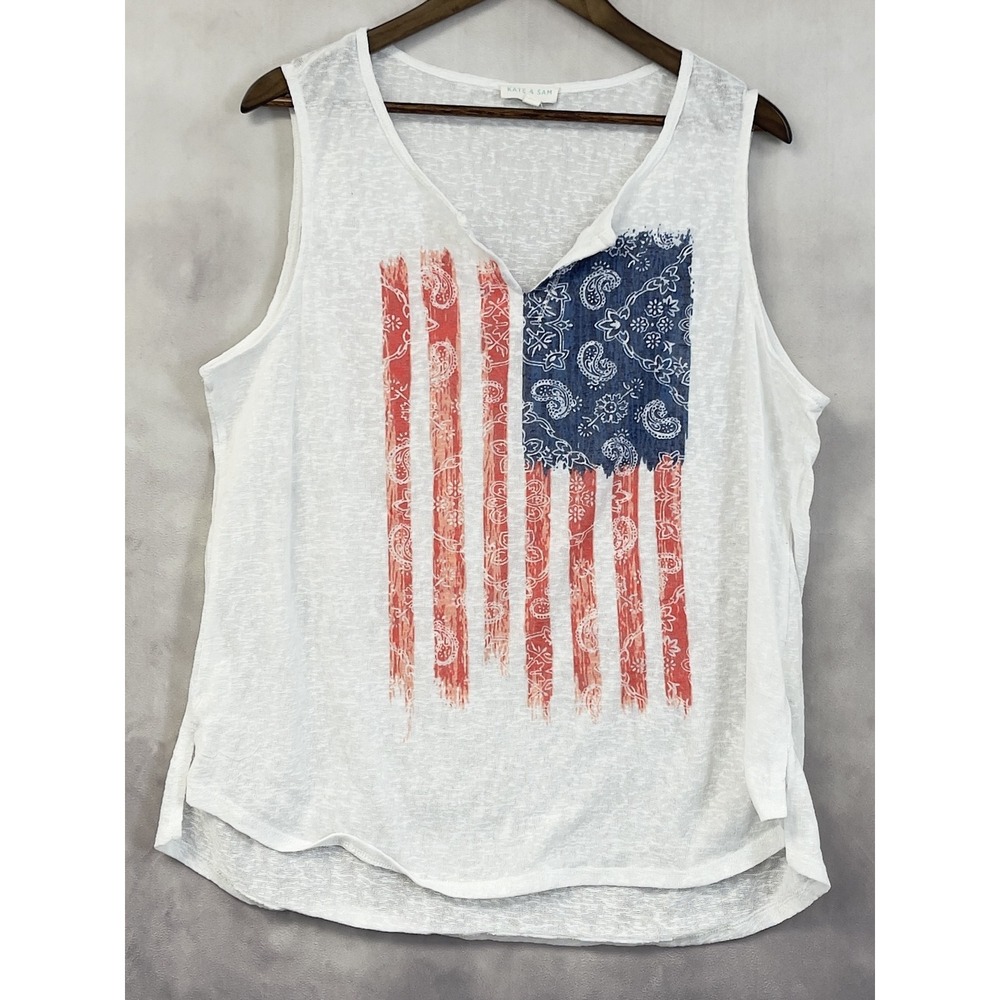 Kate Sam American Flag Tank Top Womens 1X White Paisley Americana Patriotic Boho